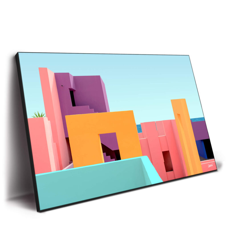 Surreal architecture with a sea view, featuring orange, pink, and purple structures.