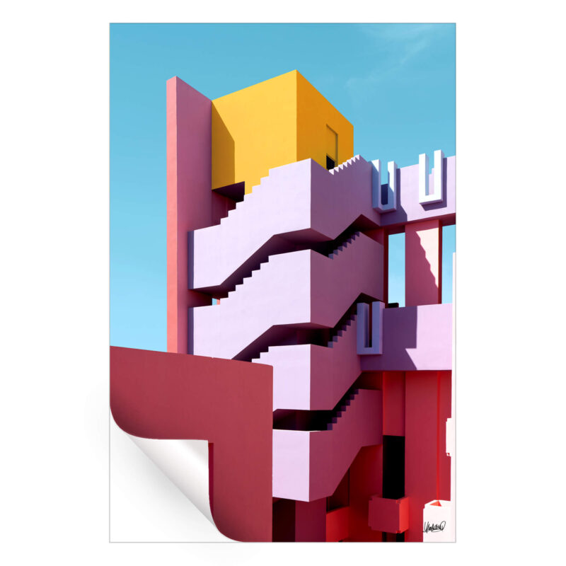 Surreal architecture with zigzag stairs and yellow, pink, and purple blocks against a blue sky.