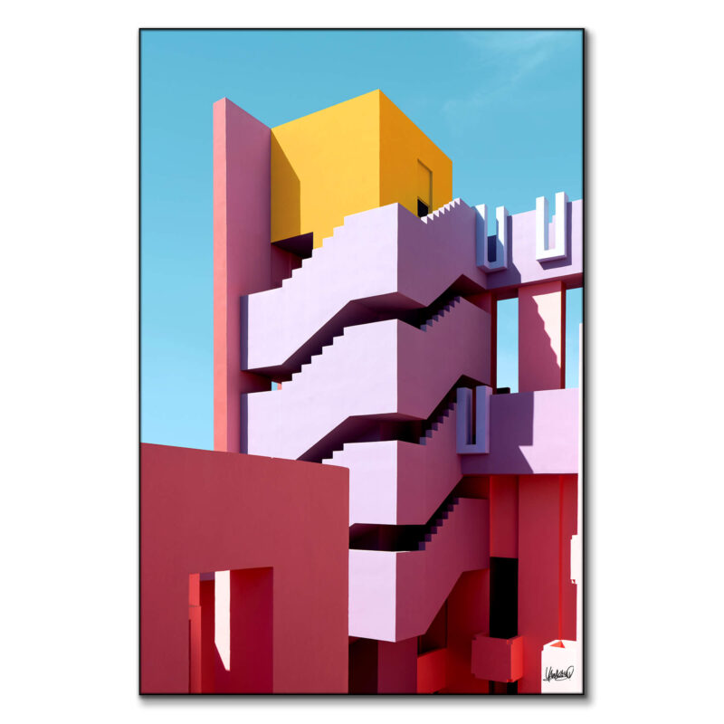 Colorful architecture with zigzag stairs and yellow, pink, and purple blocks against a blue sky.