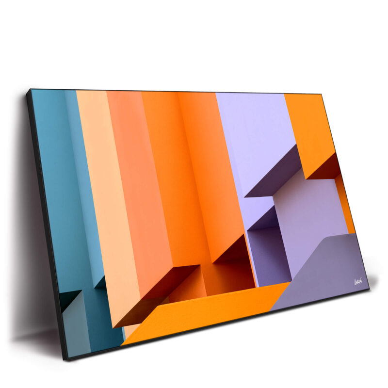 Vibrant structure with teal, orange, and lavender blocks and geometric forms.