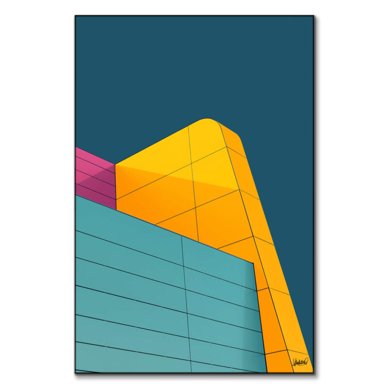 Vibrant architecture with bold cyan, yellow, and magenta colors against a blue background.