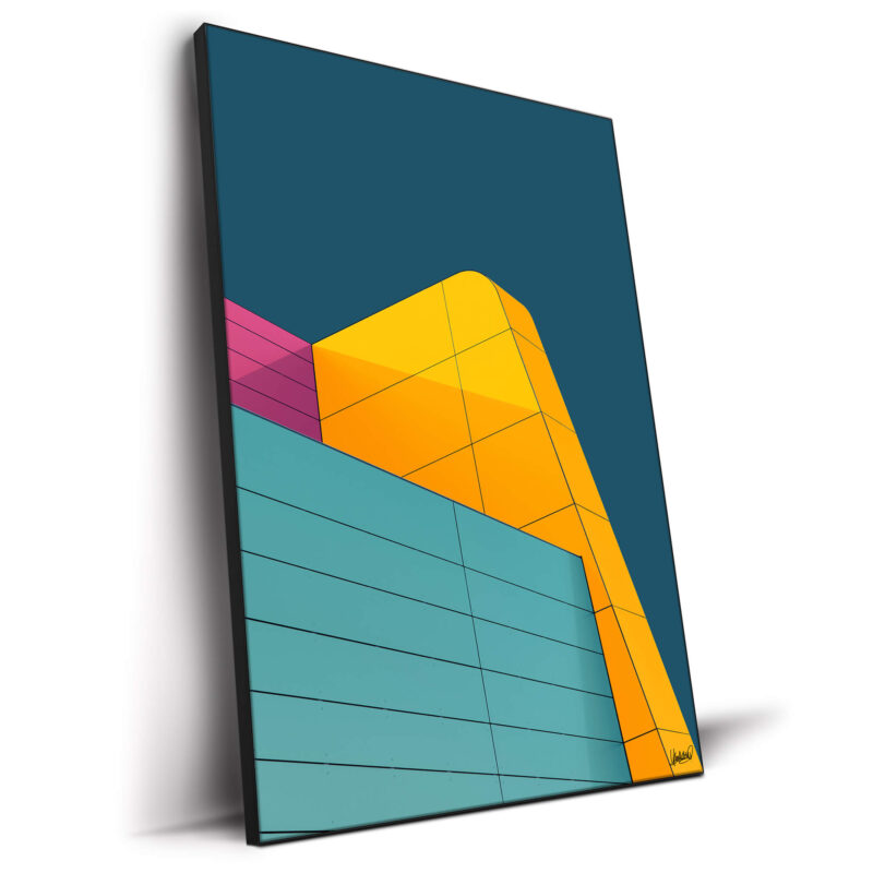 Surreal architecture with bold teal, yellow, and pink colors against a blue background.