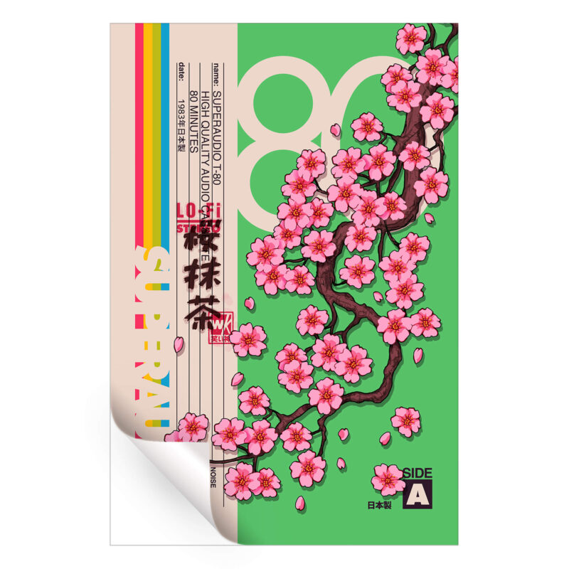 Cherry blossoms on dark branches with a green background, retro audio tape design, rainbow stripes, and Japanese text elements.