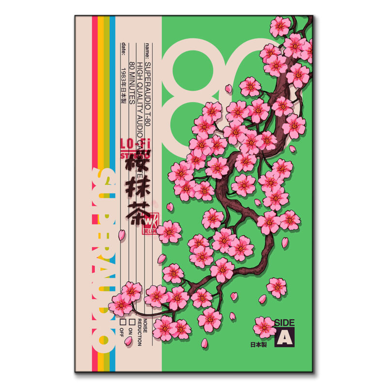 Graphic cherry blossoms with a green background, retro audio tape design, rainbow stripes, and Japanese text.