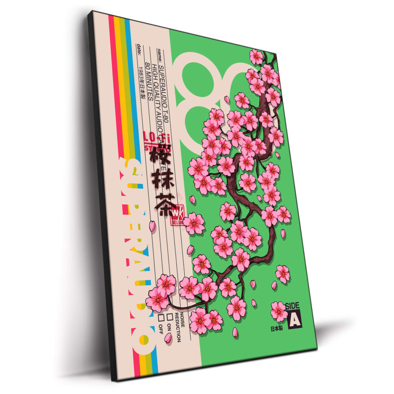 Cherry blossoms on branches with a matcha green background, retro audio tape design Japanese text elements.