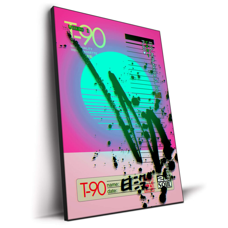 Retro video cassette design with gradient background, bold text, paint splatters, and Japanese text.