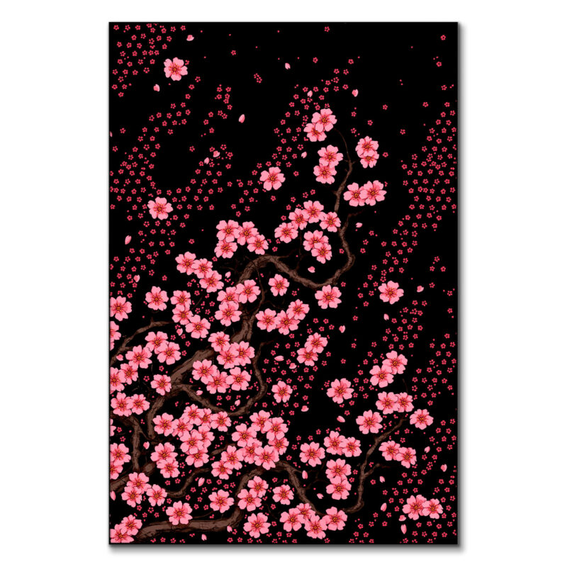 Vibrant pink cherry blossoms on dark twisting branches against a deep black background wall art.