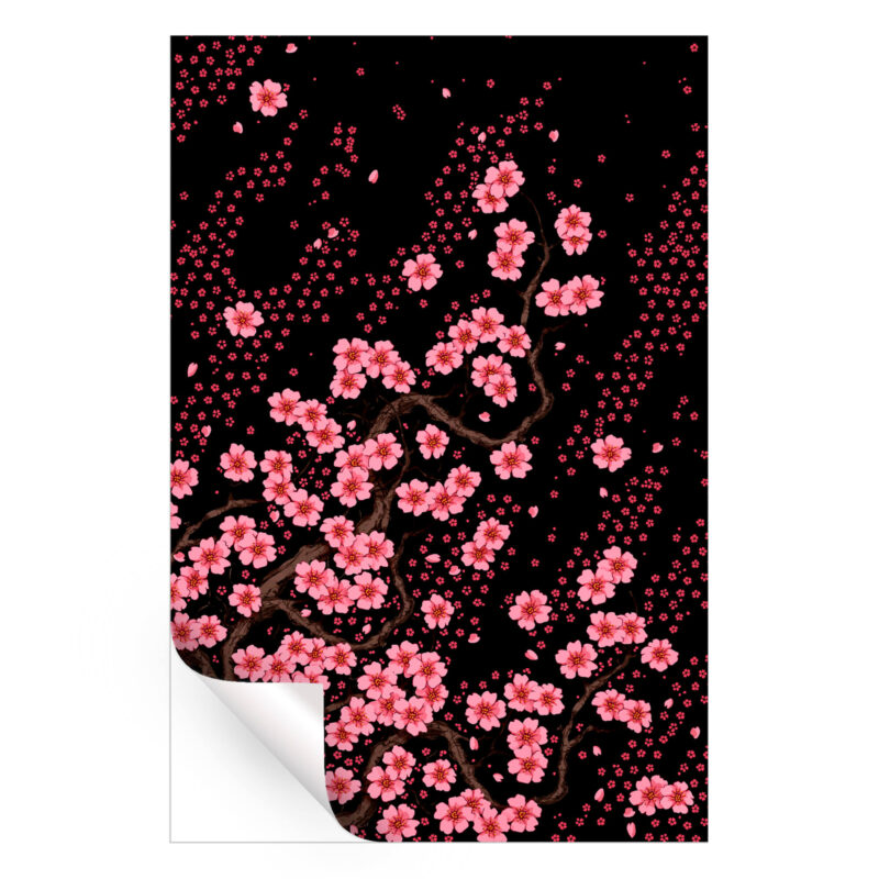 Illustrated sakura blossoms in full bloom on dark twisting branches against a black background.