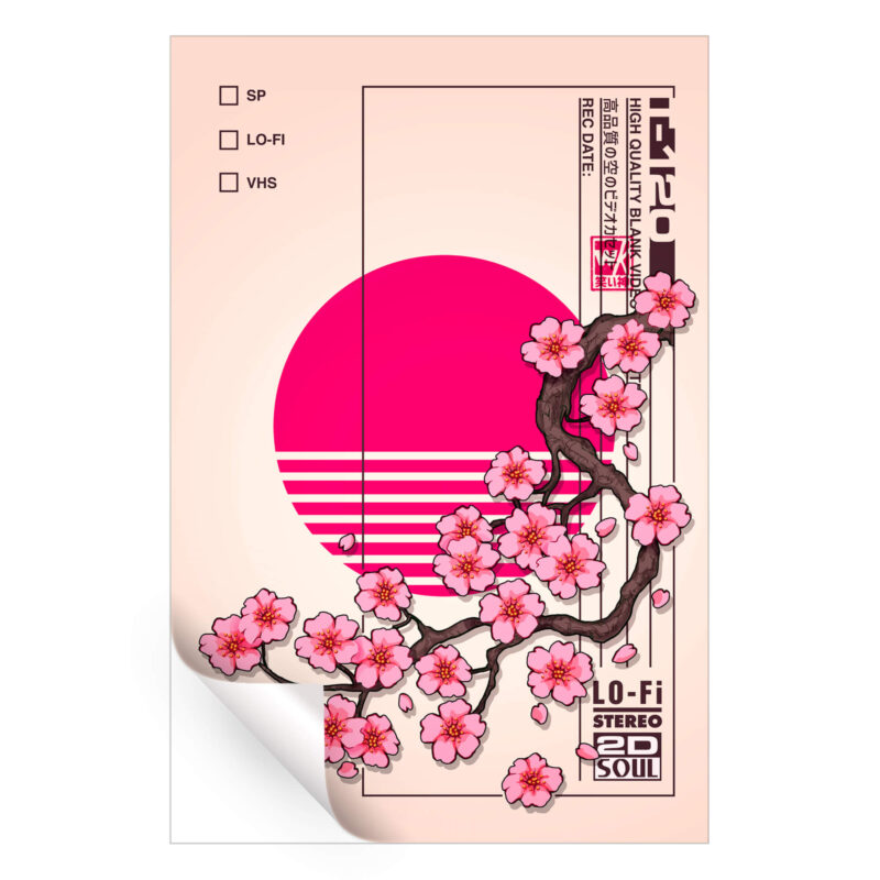 Retro cherry blossom VHS art with a pastel pink background, magenta sun, and Japanese text elements.