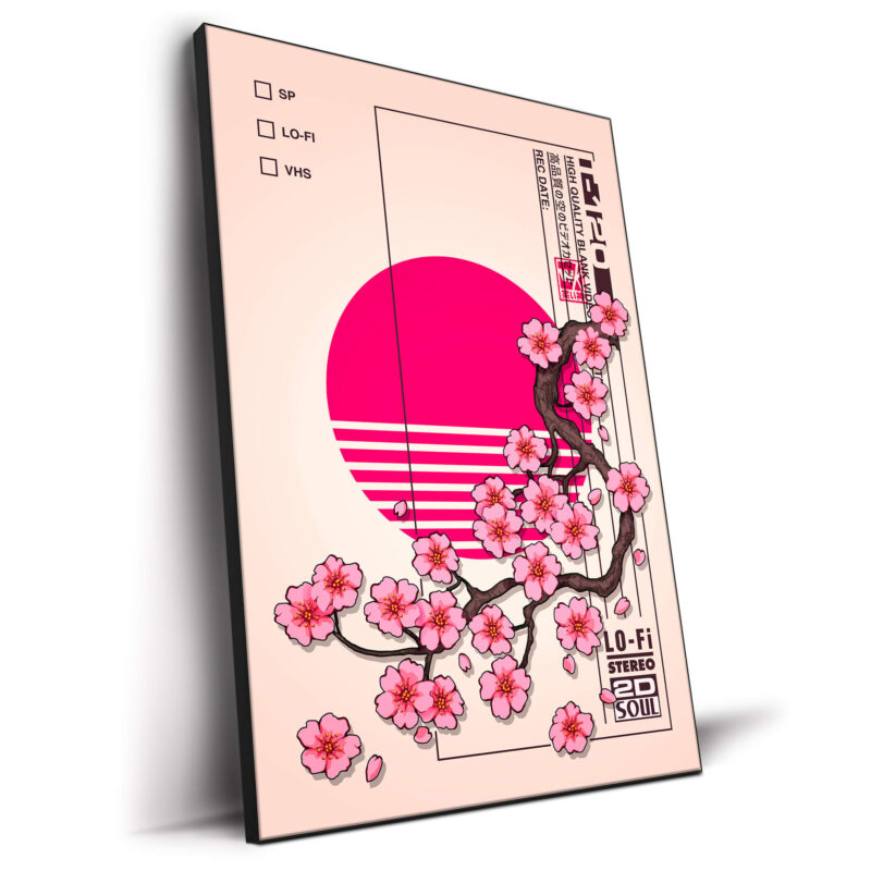 Cherry blossoms on dark branches with a pink background, magenta sun, and retro VHS text elements.