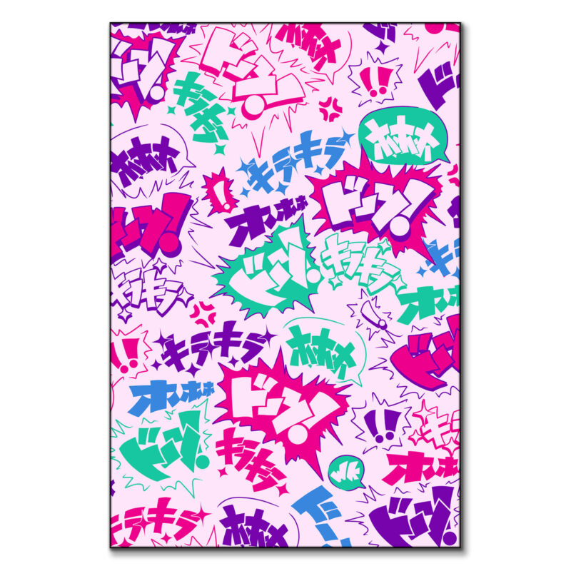 Colorful comic book-style exclamations and symbols on a light pink background.