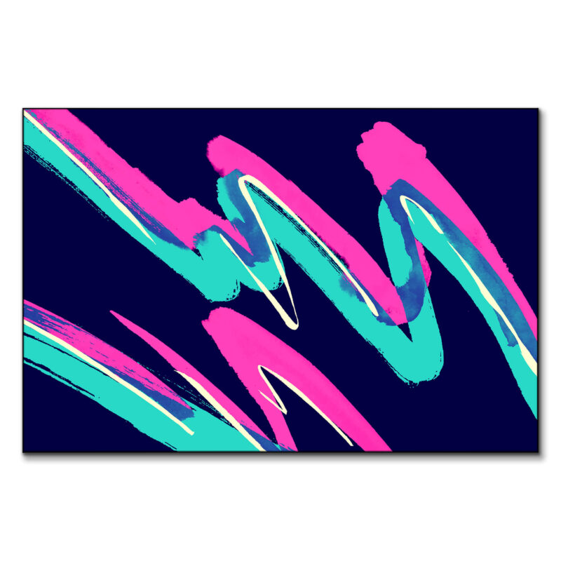 Abstract artwork with pink, teal, and white brushstrokes on a navy blue background.