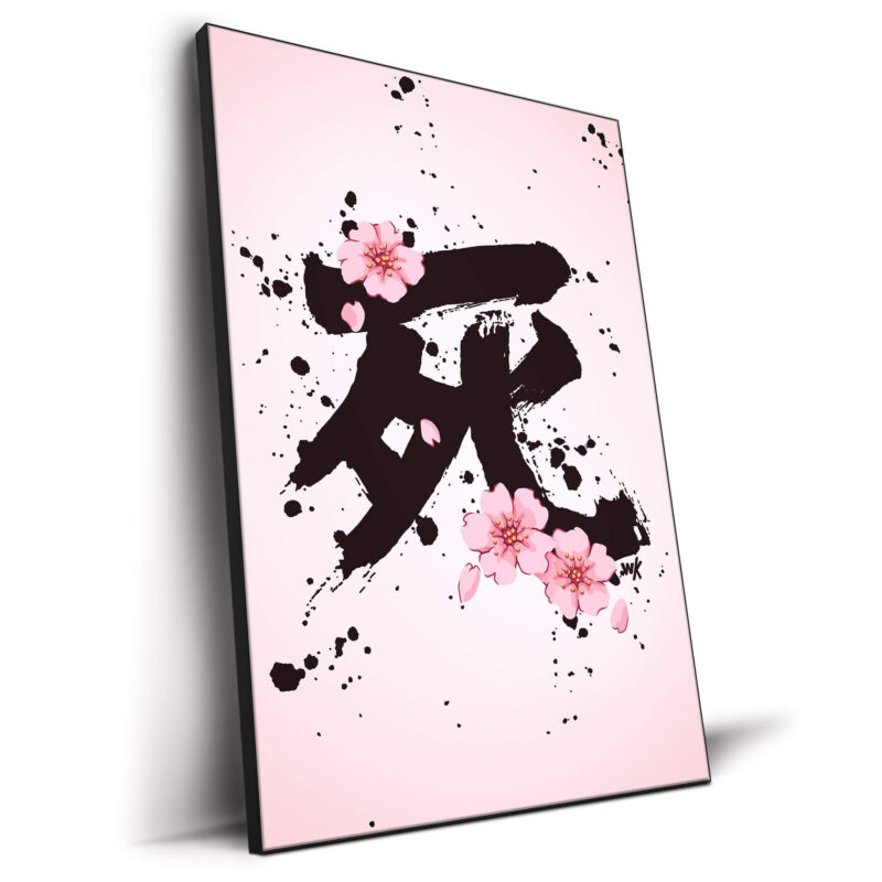 Black brushstrokes form death character with pink cherry blossoms on a pastel pink background.