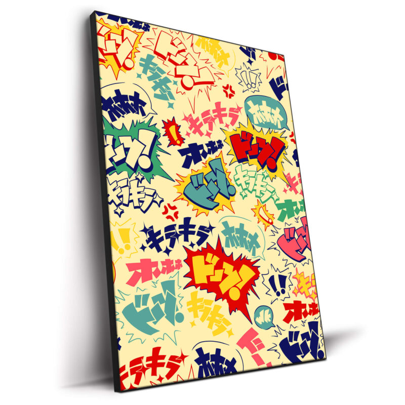 Colorful comic book onomatopoeia and symbols on a light background, evoking classic Japanese manga aesthetics.