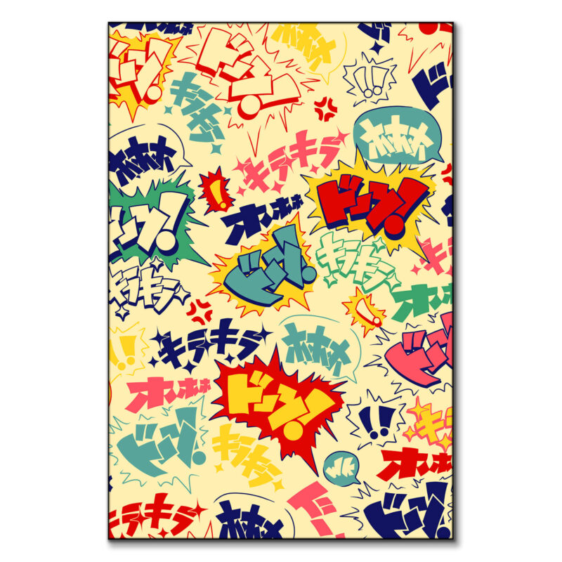 Colorful comic book-style exclamations and symbols on a light background, evoking classic manga aesthetics.