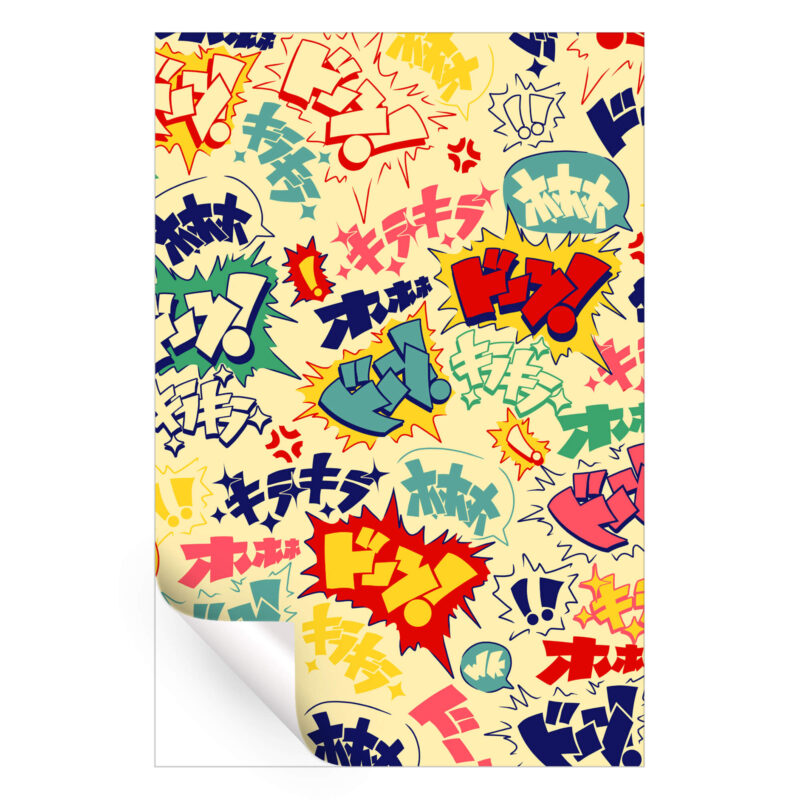 Colorful anime-style sound effects and symbols on a light background.