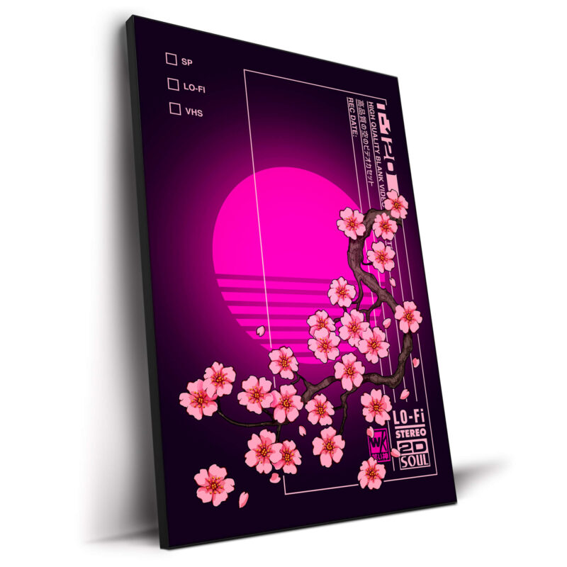 Sakura blossoms on dark branches with a neon pink sun, and retro Japanese text elements and VHS symbols.