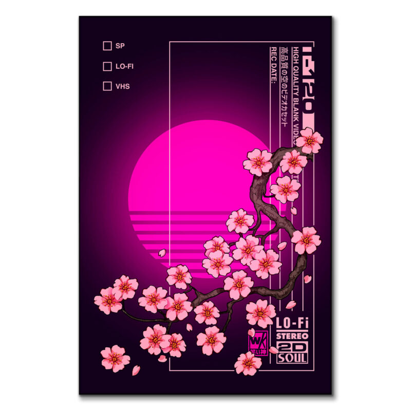 Cherry blossoms on dark branches with a neon magenta sun, and retro Japanese text elements.