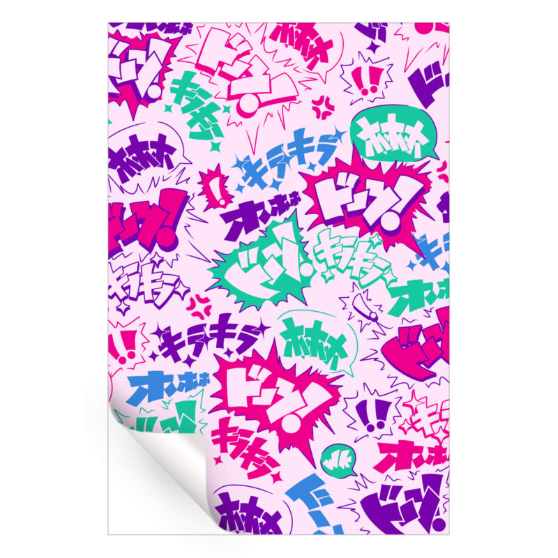 Colorful Japanese comic book pop art on a light pink background, evoking classic comic aesthetics.