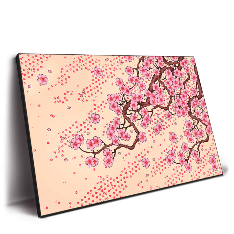 Blooming cherry blossom tree with pink flowers on a beige background, evoking the beauty of spring.
