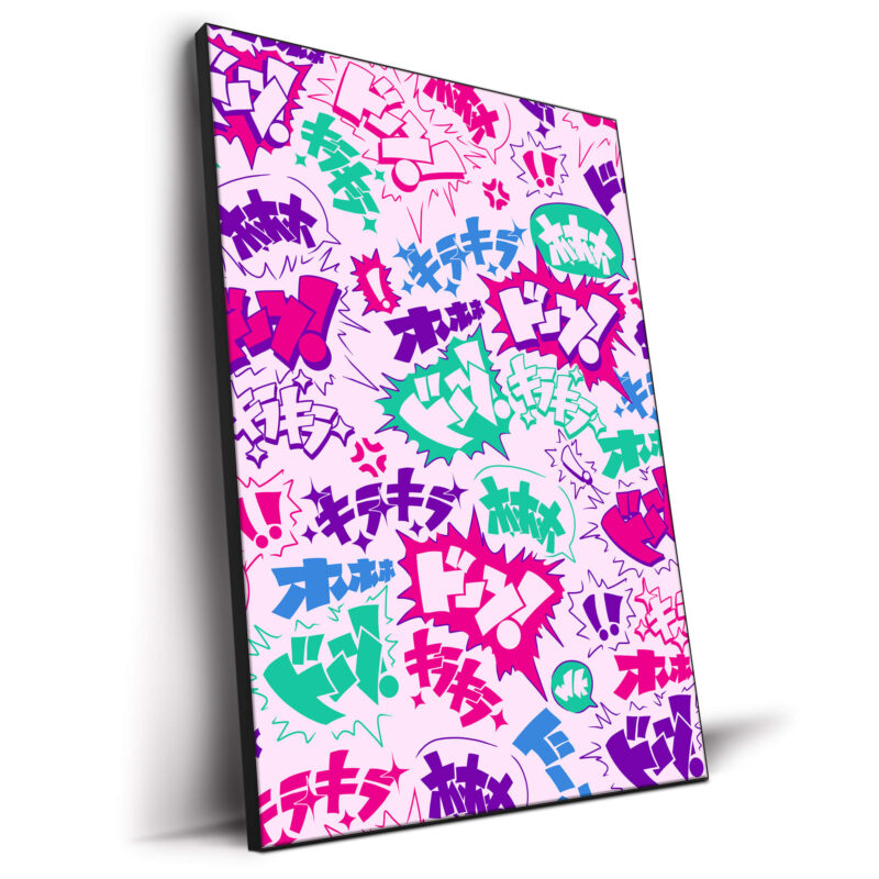 Colorful manga speech bubble art and symbols on a light pink background.