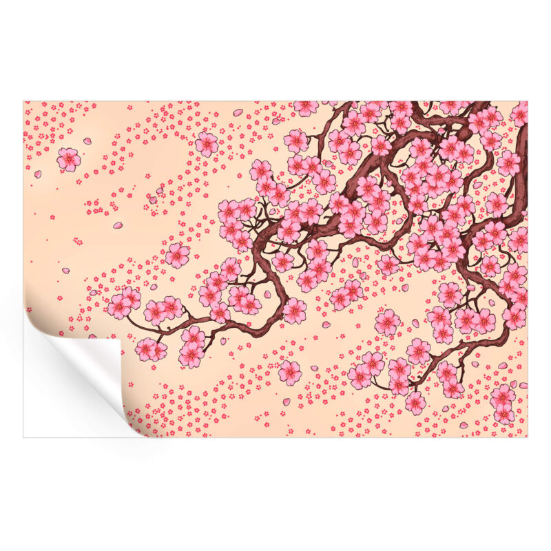 Blooming cherry blossom tree with pink flowers on a neutral background, evoking the beauty of spring.