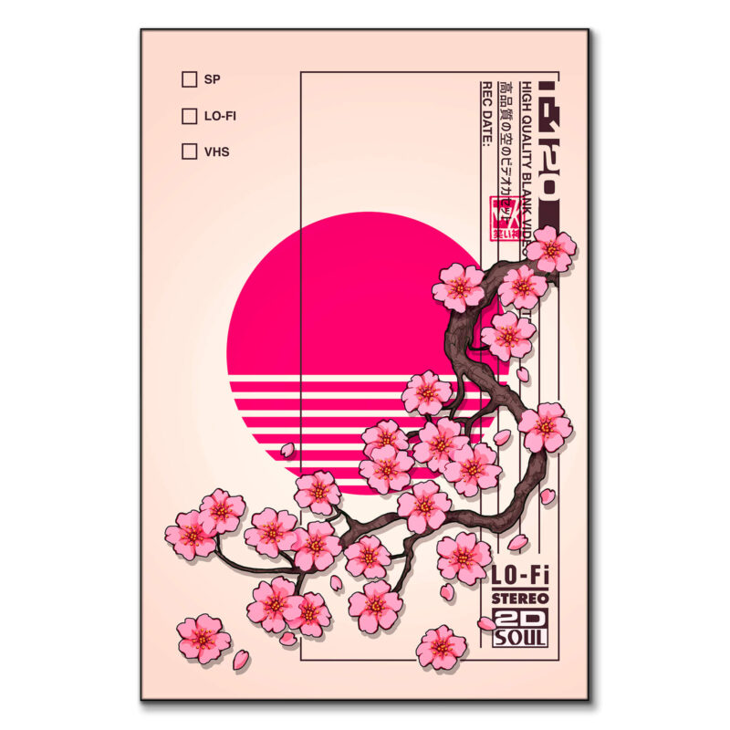 Sakura blossoms on dark branches with a pastel background, bold magenta sun, and retro Japanese text elements.