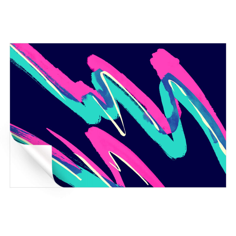 Wave artwork with pink, teal, and white brushstrokes on a navy blue background.