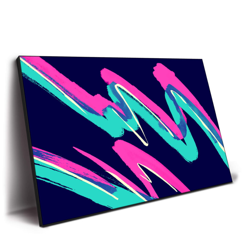 Abstract artwork with pink, teal, and white waves on a navy blue background.