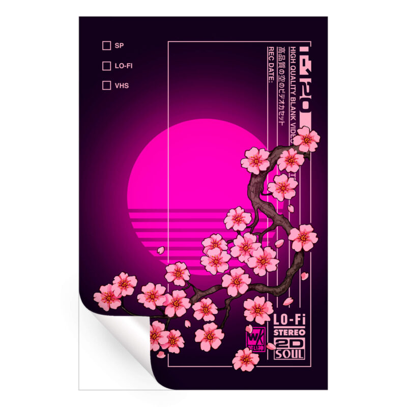Cherry blossoms against a deep background, with a neon magenta sun, and retro Japanese text elements.