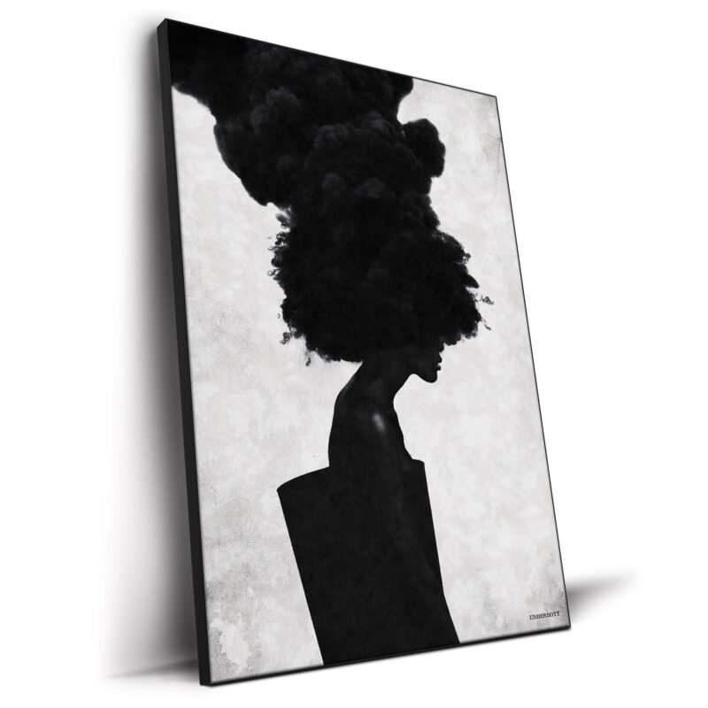 A silhouette with a cloud-like black hairstyle against a textured gray background.