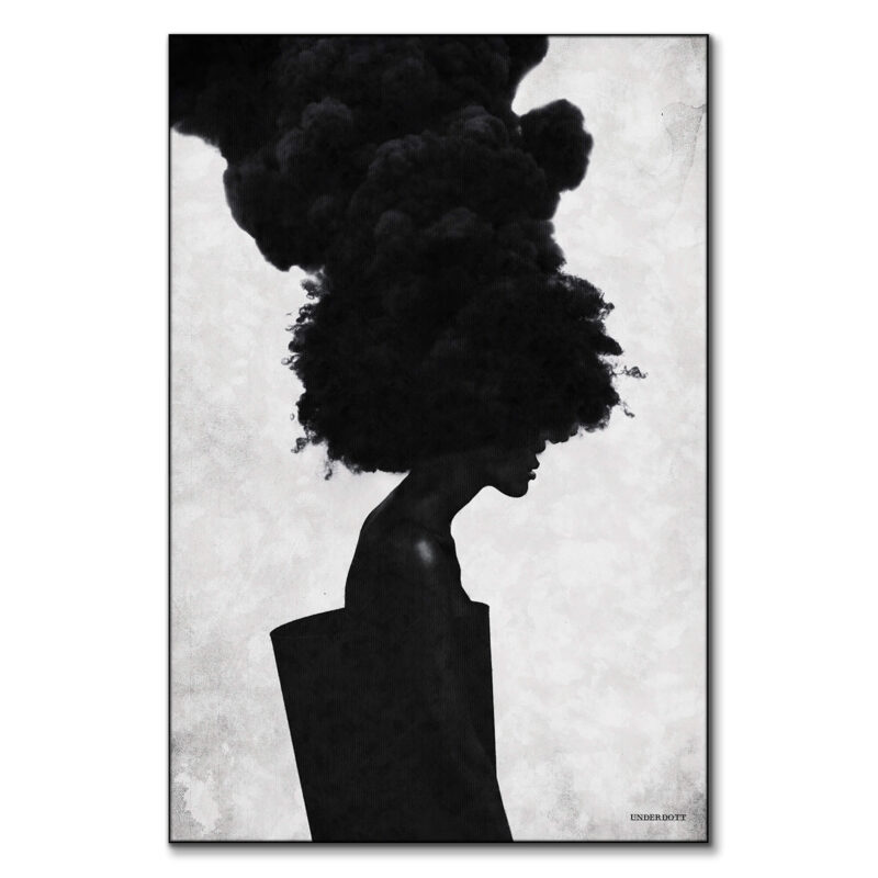 Black and white portrait of a silhouette with a cloud-like black hairstyle against a textured gray background.