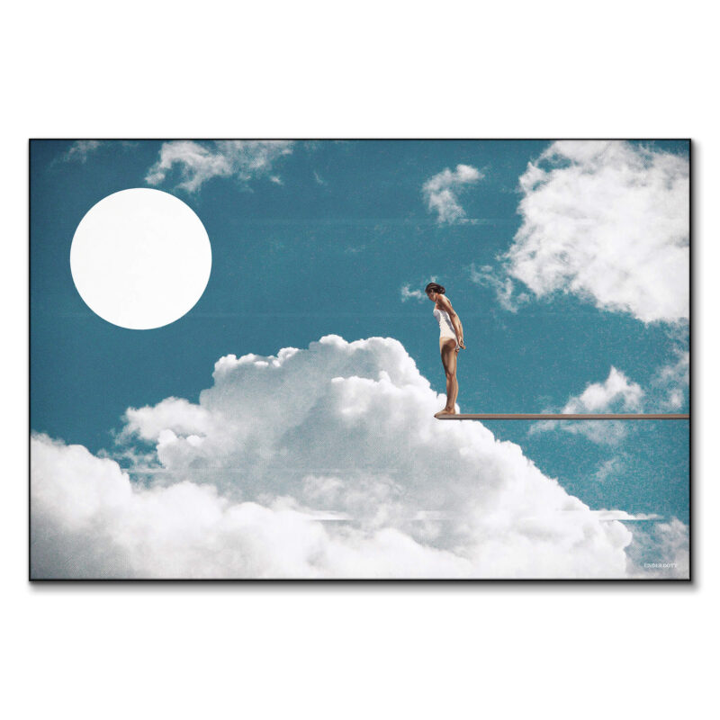 Figure on a diving board against a blue sky with white clouds and a large white circle sun.