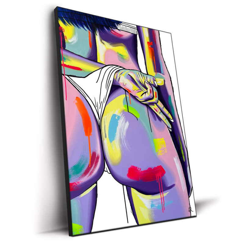 Colorful artwork of a woman's lower back and hips with with a hand making a peace sign.