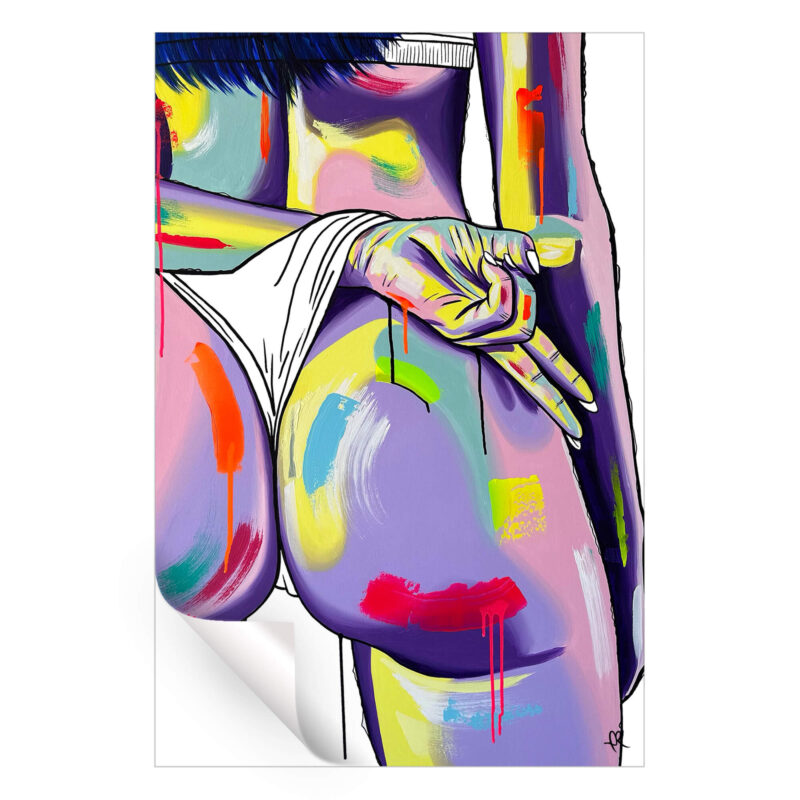 Colorful artwork of a woman's butt in white underwear, being pulled aside by a hand.