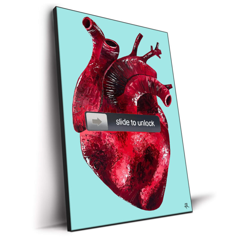Realistic heart with a "slide to unlock" bar against a turquoise background.