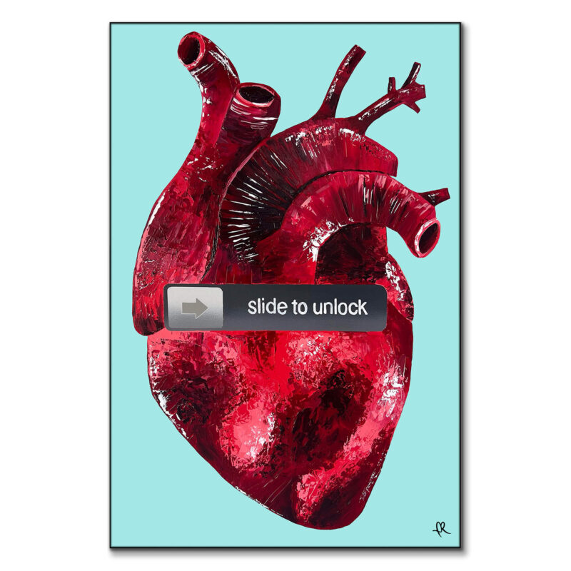 Realistic human heart with a "slide to unlock" bar against a turquoise background.