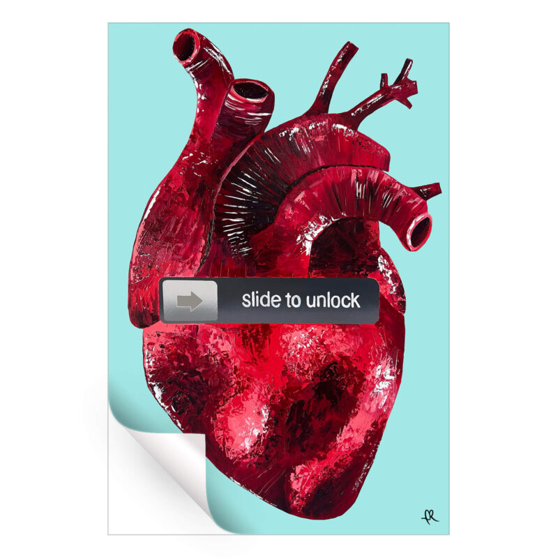 Human heart with a "slide to unlock" bar against a turquoise background.
