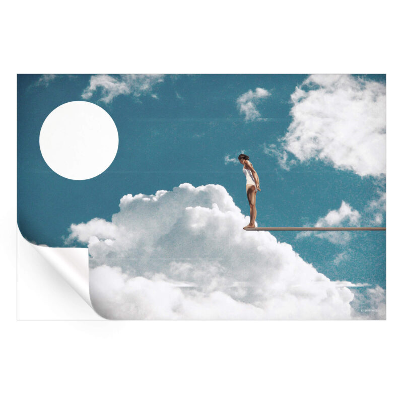 Figure on a diving board against a blue sky with white clouds and a large white circle.