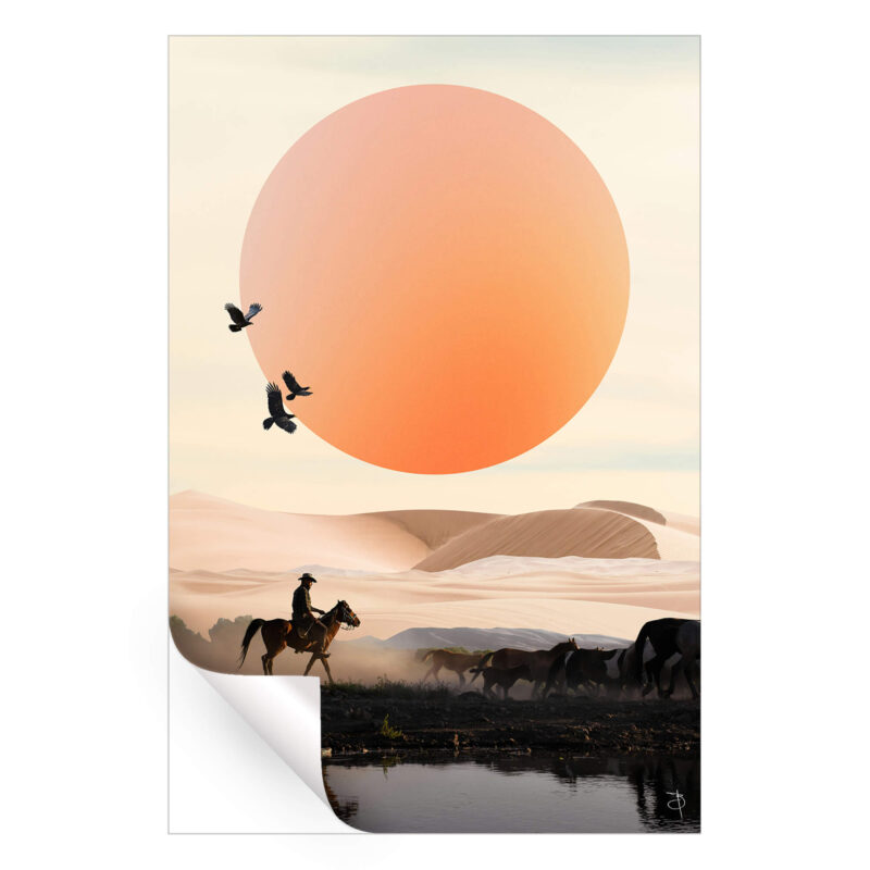 Cowboy riding a horse at sunset, guiding cattle in a desert landscape with an orange sun and flying birds.
