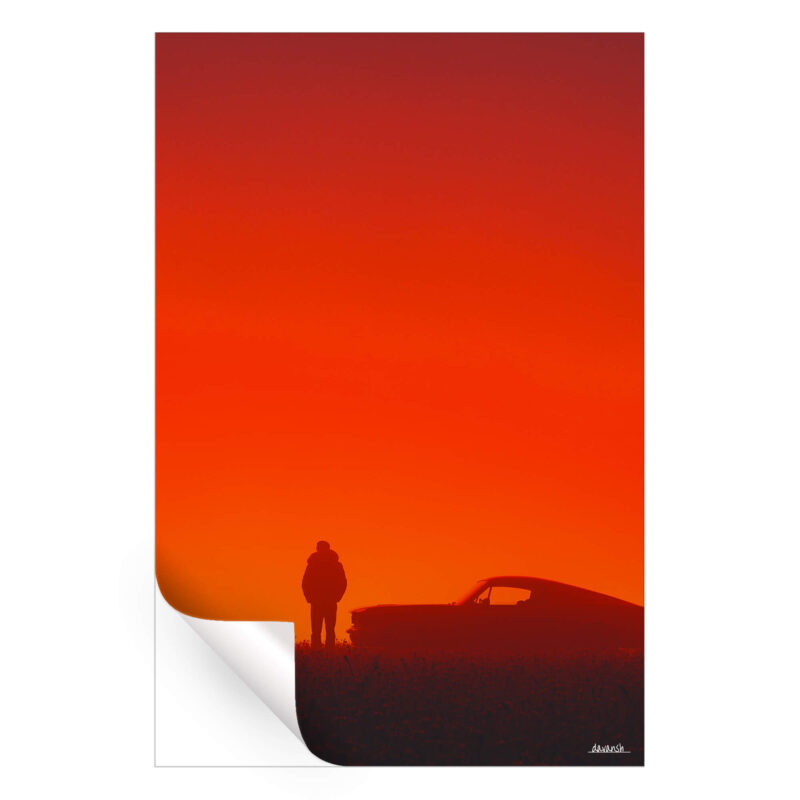 A silhouette of a man standing next to a vintage car against a red sunset backdrop.