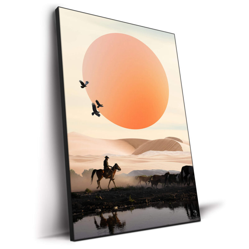 Cowboy riding a horse at sunset, guiding cattle in a desert landscape with an orange sun and flying birds.