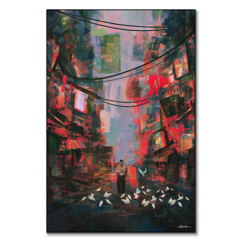 Abstract city painting of a boy feeding white birds amidst a colorful urban landscape.