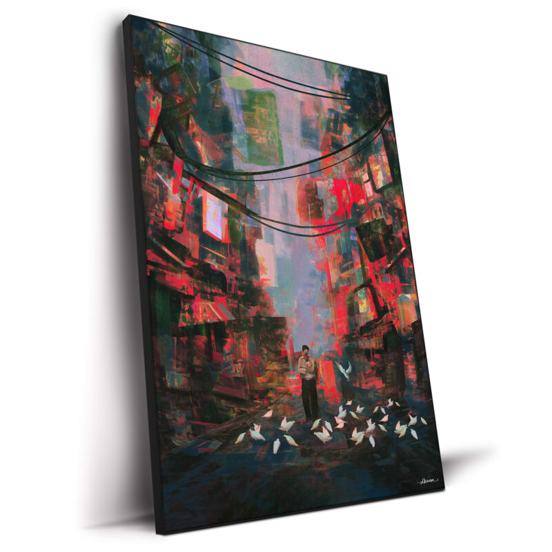 Abstract city painting of a boy feeding white birds amidst a colorful urban landscape.