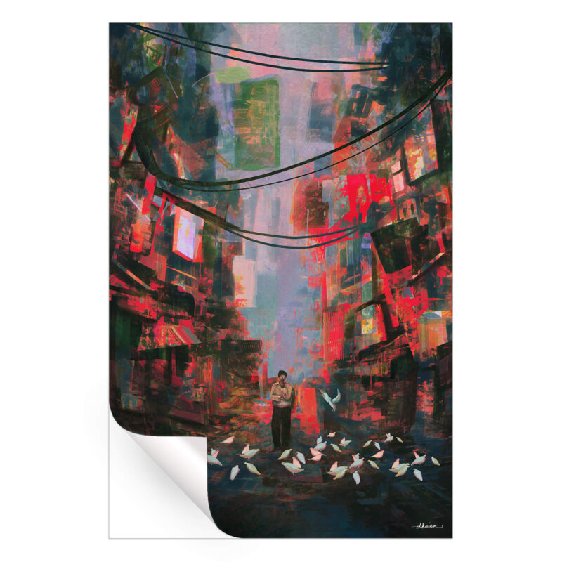Abstract city painting of a boy feeding white birds amidst a colorful urban landscape.