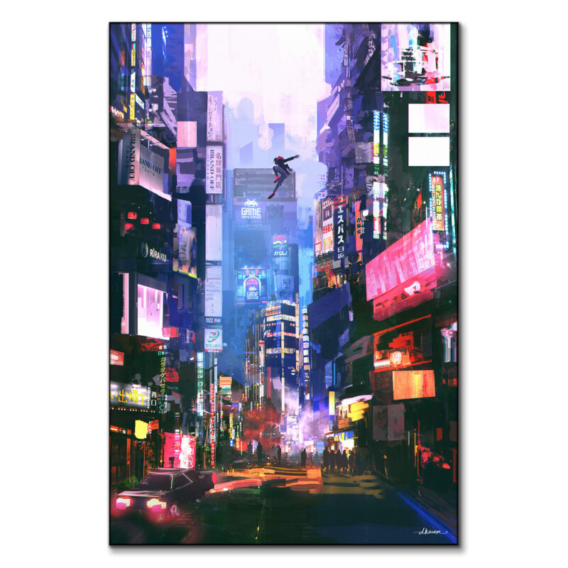 Colorful urban artwork of Miles Morales leaping through a neon-lit cityscape.