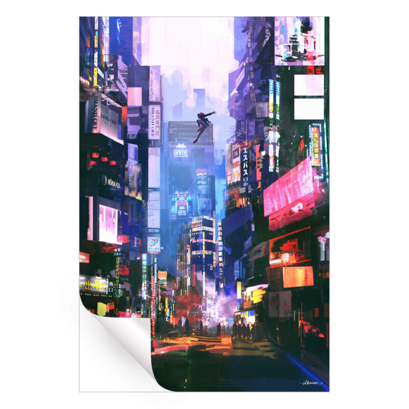 Colorful urban artwork of Miles Morales leaping through a neon-lit cityscape.