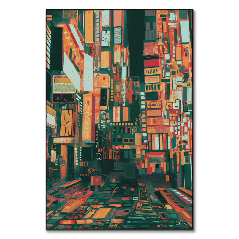 Abstract cityscape painting showcasing geometric buildings in orange and green hues.