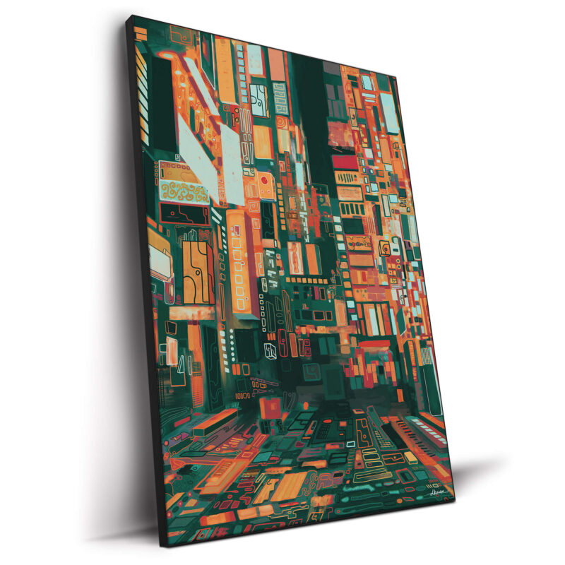 Abstract cityscape painting showcasing geometric buildings in orange and green hues.