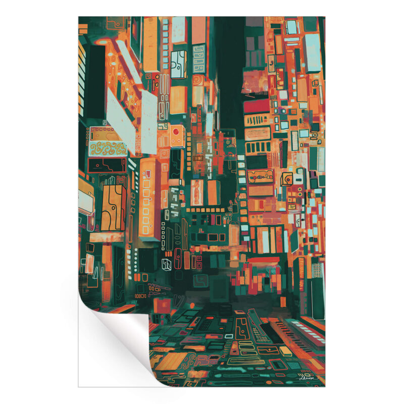 Abstract cityscape painting showcasing geometric buildings in orange and green hues.